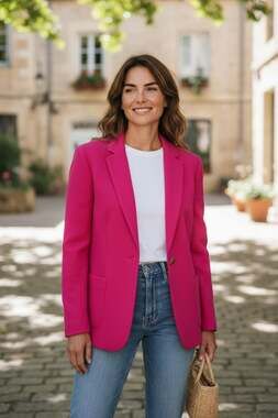 Vilagallo V30503 Wool Blend Single-Button Blazer in Pink Neon